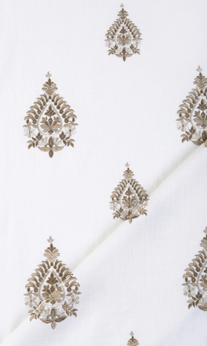 Damask Embroidery Window Treatments Fabric By the Metre (Off White/ Coffee Brown)