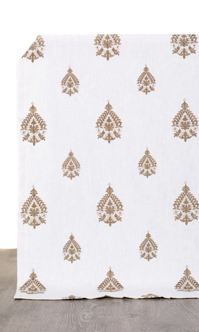 Damask Embroidery Fabric By the Metre for Curtains & Drapes (Off White/ Coffee Brown)