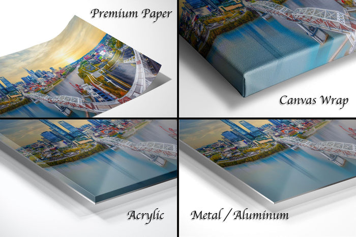Nashville skyline drone print, aerial view of Cumberland River, Nashville pedestrian bridge wall art, Titans stadium sunset photo, Batman Building skyline print, Music City photography wall decor, Tennessee cityscape metal print, downtown Nashville at golden hour, autumn skyline photo Nashville, faith inspired city wall art, Christian drone photographer print, sunset worship skyline art, modern Nashville wall piece, drone cityscape faith based print, Nashville art for living room