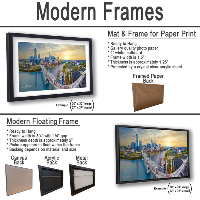 The image is a collage of two framed artworks, one of which is a mat and frame for a paper print, and the other is a modern floating frame.