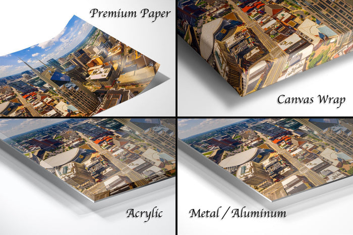 The image is a collage of four different types of printed materials, including a premium paper, a canvas wrap, an acrylic, and a metal/aluminum.