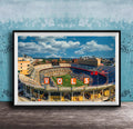 A framed photograph of a football stadium with the word "VOLS" prominently displayed, set against a blue sky with clouds.