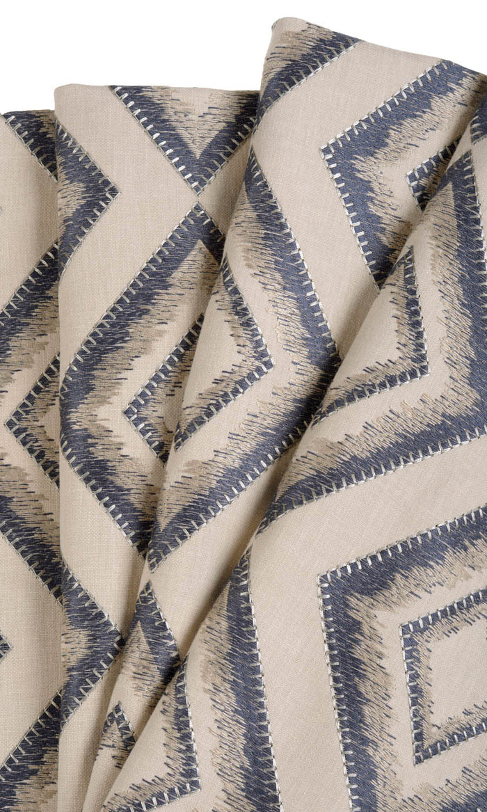 Embroidered Pinch Pleat, Rod Pocket, Eyelet Curtains (Oyster Beige/ Navy Blue)