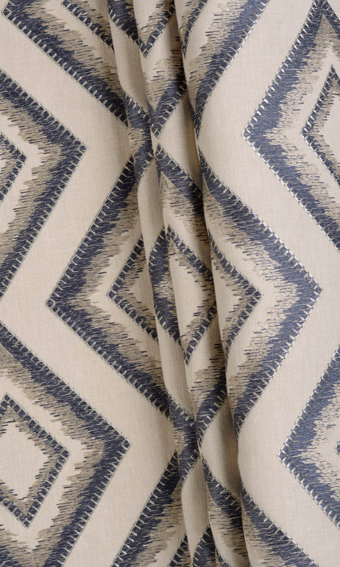 Embroidered Drapes (Oyster Beige/ Navy Blue) Extra Long Short Wide