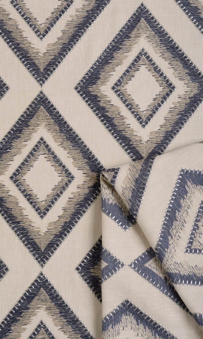 Embroidered Curtains / Drapes / Window Drapery Panels (Oyster Beige/ Navy Blue)