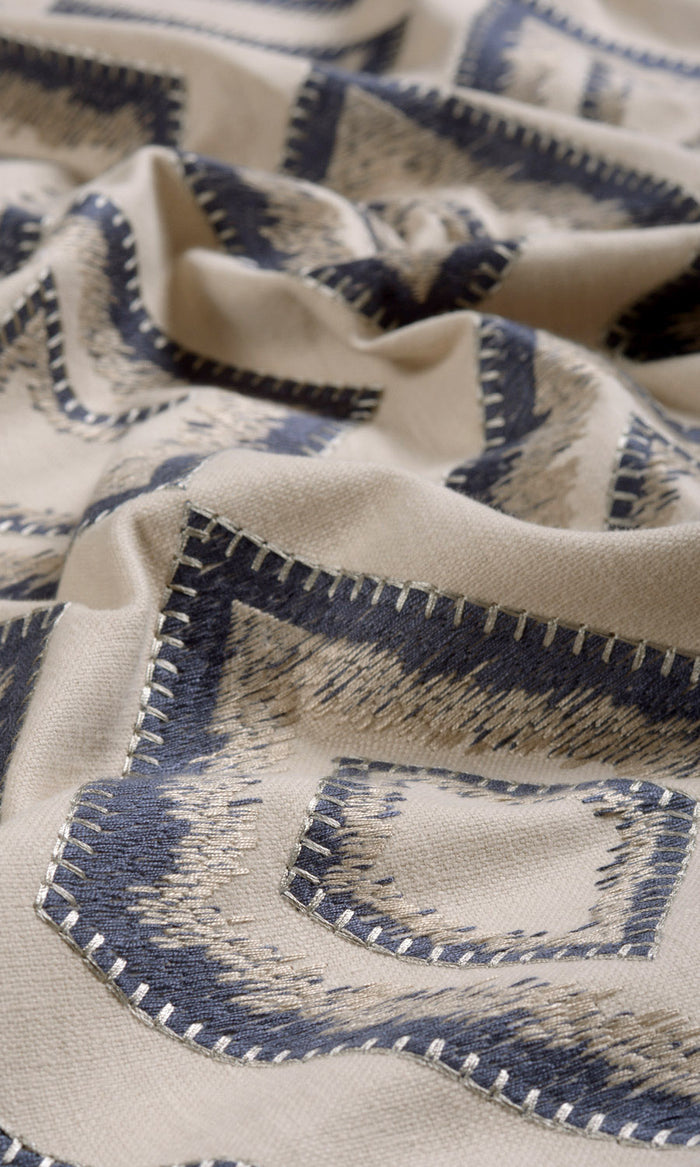 Embroidered Any Size Style Curtains (Oyster Beige/ Navy Blue)