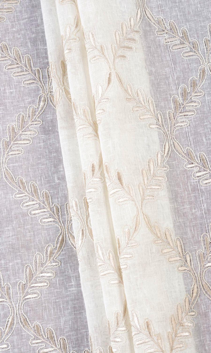 Sheer Floral Embroidered Window Treatments Fabric By the Metre (White/ Beige)