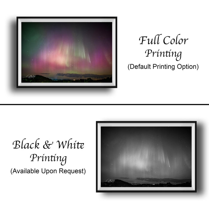 The image is a collage of two framed pictures. The top picture is a full-color print of a night sky with the aurora borealis, while the bottom picture is a black and white print of the same night sky. Both pictures are framed and available upon request.