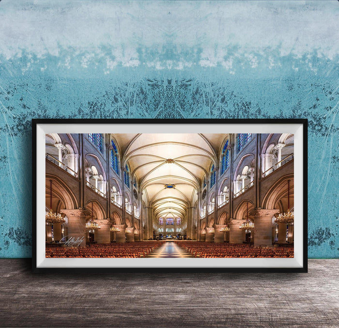 a grand cathedral with a high vaulted ceiling, ornate arches, and rows of pews leading to the altar.