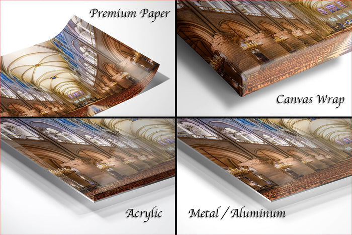 The image is a collage of four different views of a cathedral, each with a distinct perspective and angle. The images are labeled as "Premium Paper", "Canvas Wrap", "Acrylic", and "Metal/Aluminum".