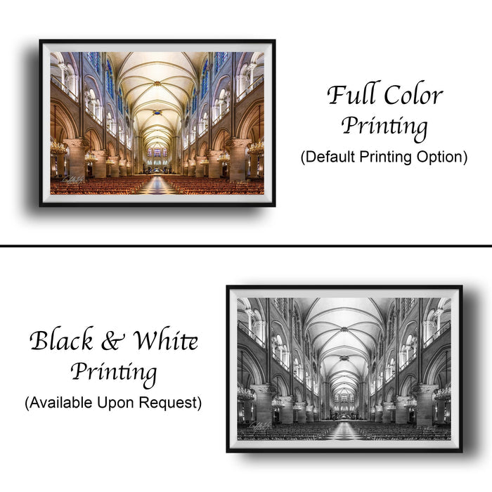 The image is a collage of two framed pictures. The left frame shows a full color photograph of a cathedral with a high vaulted ceiling, while the right frame is a black and white photograph of the same cathedral. The text below the images indicates that the printing option is "Full Color Printing (Default Printing Option)" and that the black and white version is "Black & White Printing (Available Upon Request)"