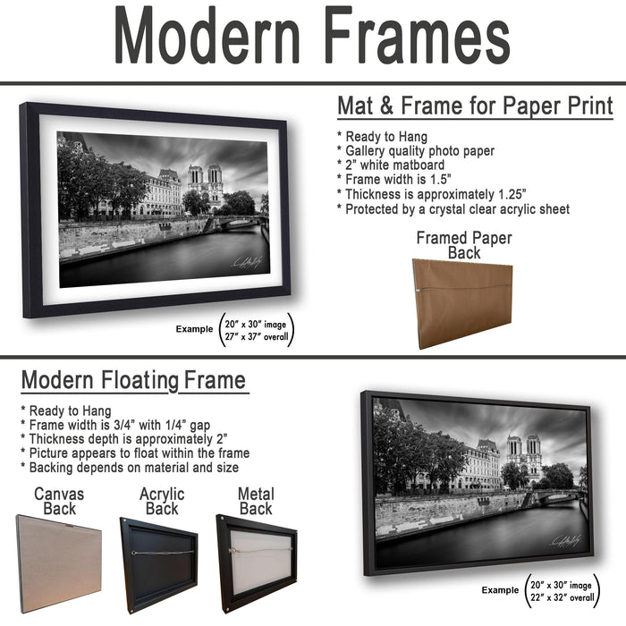 The image is a collage of two framed artworks, one of which is a mat and frame for a paper print, and the other is a modern floating frame.