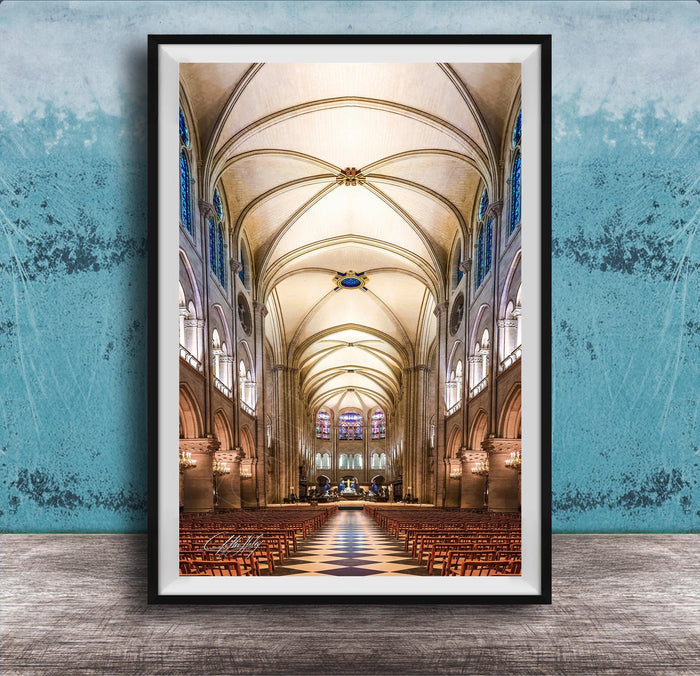 a grand cathedral with a high vaulted ceiling, ornate architectural details, and rows of wooden pews leading to the altar.