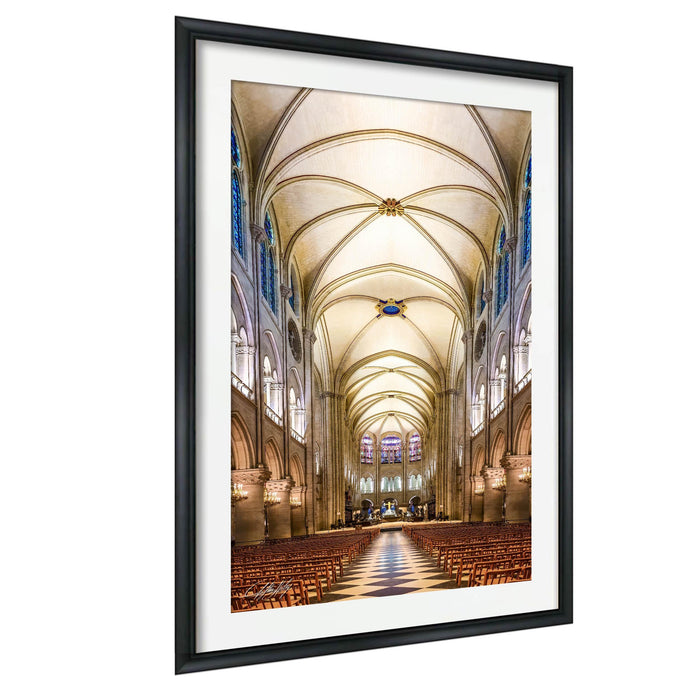 a grand cathedral with a high vaulted ceiling, ornate architectural details, and rows of wooden pews leading to the altar.