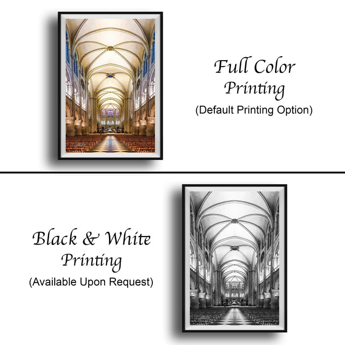 The image is a collage of two framed pictures, one in black and white and the other in full color. The black and white picture depicts a cathedral with a high vaulted ceiling, while the full color picture shows the same cathedral with a more vibrant and detailed appearance. Both pictures are labeled as "Full Color Printing" and "Black & White Printing", indicating that they are available upon request.