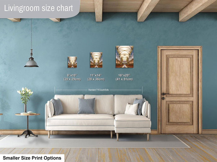 a living room with a white sofa, a wooden door, and a hanging light fixture. There are three framed pictures of architectural designs hanging on the wall, and the image size chart provides the dimensions of each picture in inches.