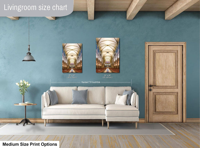 a living room with a white sofa, a wooden door, and a painting of a cathedral ceiling. The living room has a blue wall and a wooden floor.