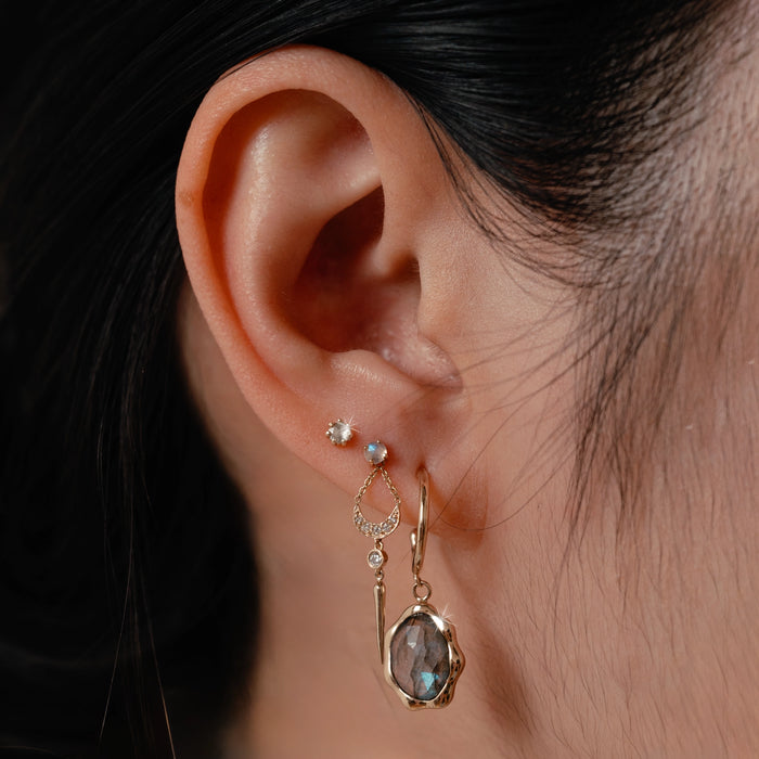 Nova Earring in 14k yellow gold with white diamond, alternate angle detail view