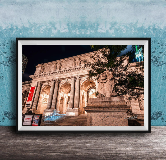 NYC Library Wall Decor – Nighttime Cityscape Art With Moonlit Lion Statues