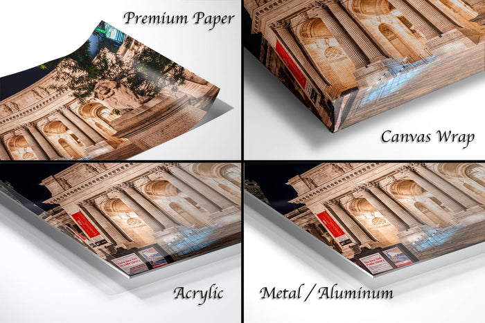 The image is a collage of four photographs depicting different types of paper or wrapping materials, including "Premium Paper", "Canvas Wrap", "Acrylic", and "Metal/Aluminum".
