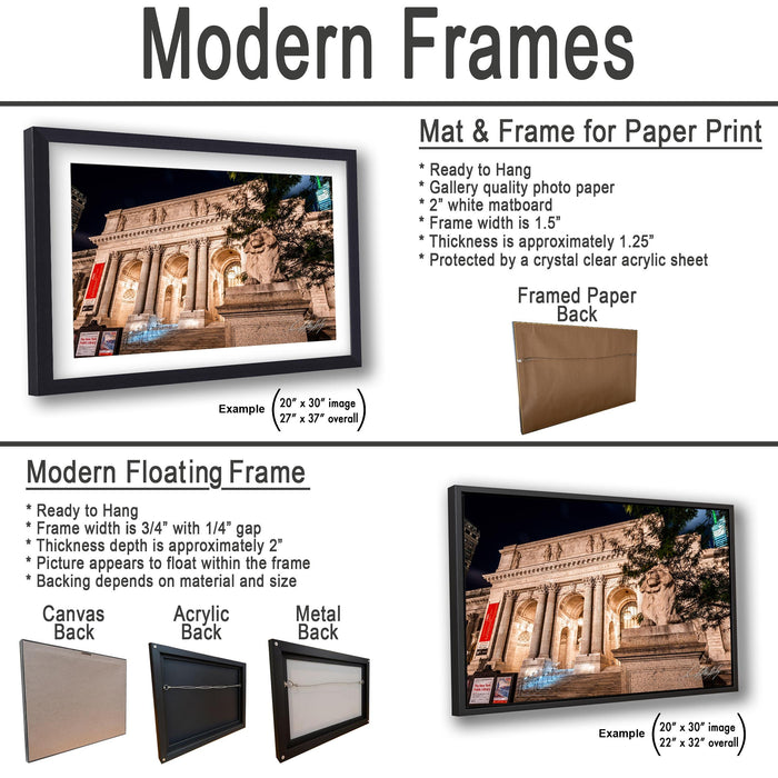 The image is a collage of two framed pictures, one of a building and one of a tree, both in black frames. The collage is labeled as "Modern Frames" and includes various descriptions of the frames, such as "Ready to Hang", "Mat & Frame for Paper Print", "Modern Floating Frame", and "Acrylic Back".