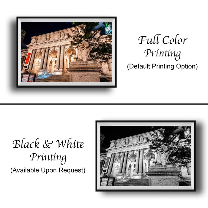 The image is a collage of two framed pictures. The left frame shows a full-color photograph of a building at night, while the right frame is a black and white photograph of the same building. The text below the images indicates that the full-color printing is available upon request, and the black and white version is also available.