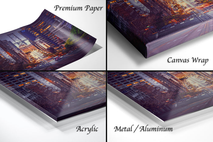 The image is a collage of four different views of a cityscape at night, showcasing various perspectives of the urban environment.