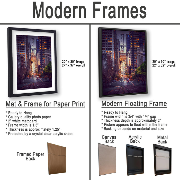The image is a comparison of modern framed prints and modern floating frames for displaying artwork. It features two framed prints and two framed floating frames, each with different characteristics and designs.