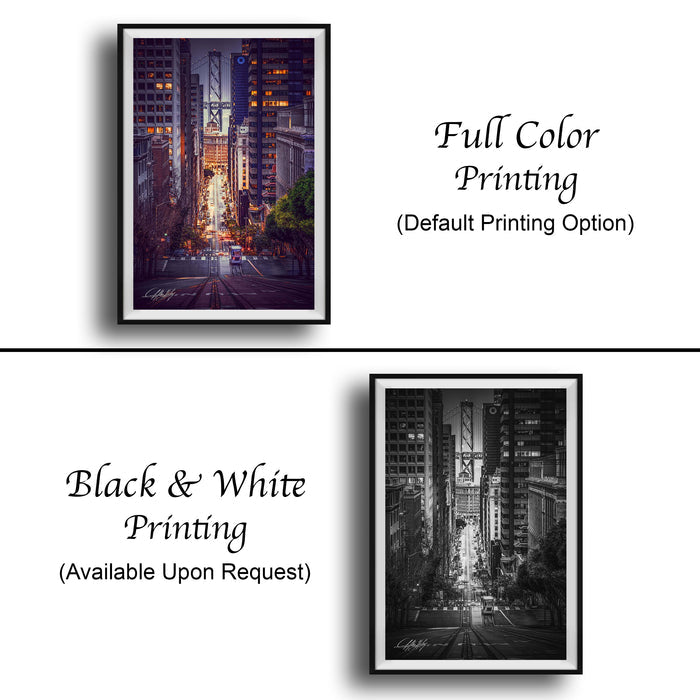 The image is a collage of two framed pictures. The top picture is a full-color print of a cityscape at night, while the bottom picture is a black and white print of the same cityscape. Both pictures are framed and available upon request.
