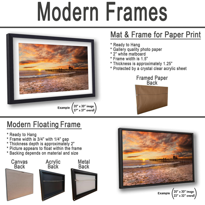 The image is a collage of three framed pictures, each with a different frame and backing material. The first frame is a mat and frame for a paper print, the second frame is a modern floating frame, and the third frame is a mat and frame for a paper print.