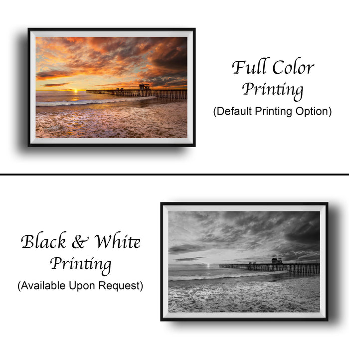 The image is a collage of two framed pictures. The top picture is a full color print of a beach scene with a pier, while the bottom picture is a black and white print of the same beach scene. Both pictures are framed and available upon request.