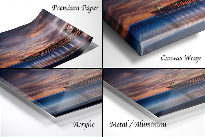 The image is a collage of four different images, each depicting a sunset over a body of water. The images are labeled as "Premium Paper", "Canvas Wrap", "Acrylic", and "Metal/Aluminum".