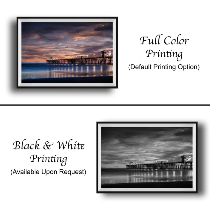 The image is a collage of two framed pictures. The top picture is a full-color print of a pier at sunset, while the bottom picture is a black and white print of the same pier. Both pictures are framed and available upon request.