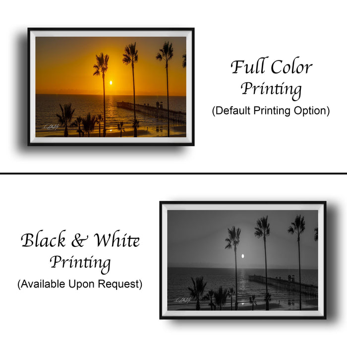 The image is a collage of two framed pictures, one in black and white and the other in full color. The black and white picture depicts a beach scene with palm trees and a pier, while the full color picture shows a sunset over the ocean. Both pictures are framed and available upon request.