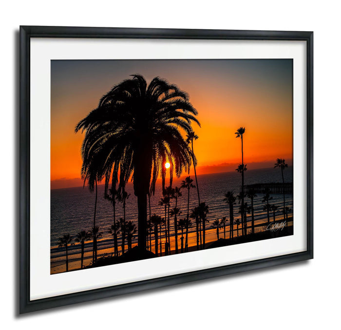 A framed photograph depicting a palm tree silhouetted against a vibrant sunset over the ocean.