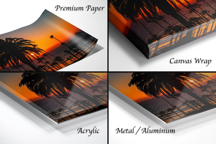 The image is a collage of four different images, each depicting a sunset scene with palm trees. The images are labeled as "Premium Paper", "Canvas Wrap", "Acrylic", and "Metal/Aluminum".