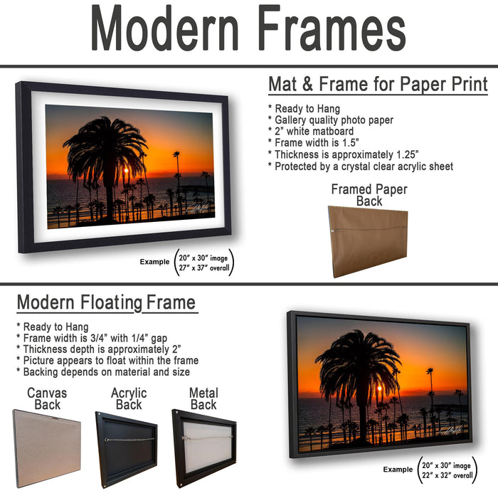The image is a collage of two framed pictures, one of a sunset and one of a palm tree. The text provides information about the frames, including their sizes and materials.