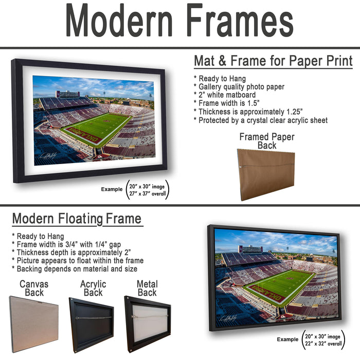 The image is a collage of two framed pictures, one of a football stadium and the other of a baseball stadium. The framed picture is a mat and frame for a paper print, while the other is a modern floating frame.