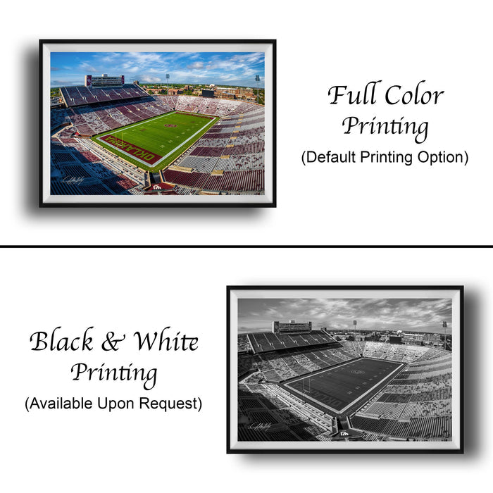 The image is a collage of two framed pictures. The top picture is a full color photograph of a football stadium, while the bottom picture is a black and white photograph of the same stadium. The text below the images indicates that the full color printing is available upon request, and the black and white version is not.