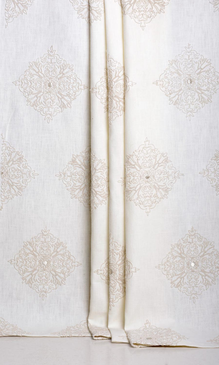 Poly-Linen Embroidered Home Décor Fabric By the Metre (White/ Cream)