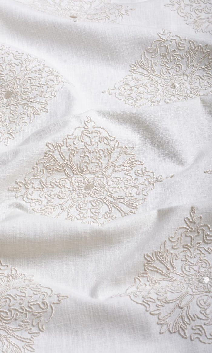 Poly-Linen Embroidered Window Treatments Fabric By the Metre (White/ Cream)