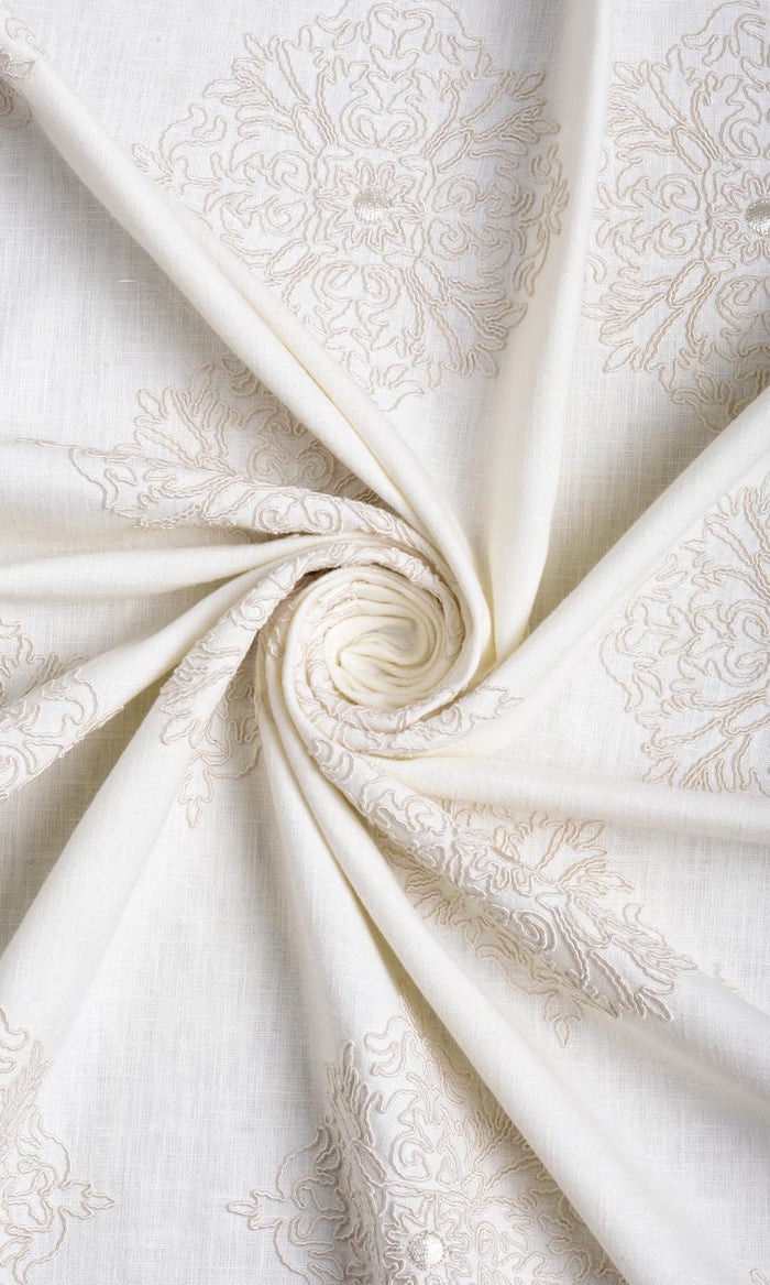 Poly-Linen Embroidered Fabric By the Metre for Curtains & Drapes (White/ Cream)