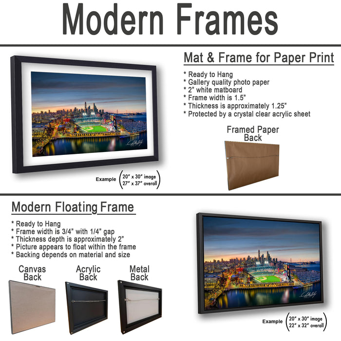 The image is a collage of two framed pictures, one of a city skyline and the other of a baseball field, both featuring modern floating frames.