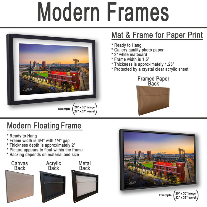 The image is a collage of two framed pictures, one of a city skyline at sunset and the other of a baseball field. The framed pictures are described as modern floating frames, which are ready to hang and have a frame width of 3/4" with a 1/4" gap. The mat and frame for the paper print are also available, with a mat width of 1" and a frame width of 1/5". The framed paper back is made of a crystal clear acrylic sheet, providing protection for the picture.