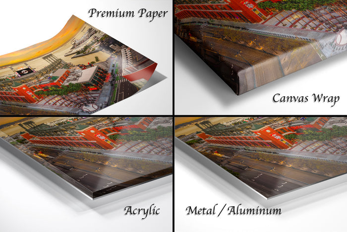 The image is a collage of four different types of printed materials, including a premium paper, a canvas wrap, an acrylic, and a metal/aluminum.