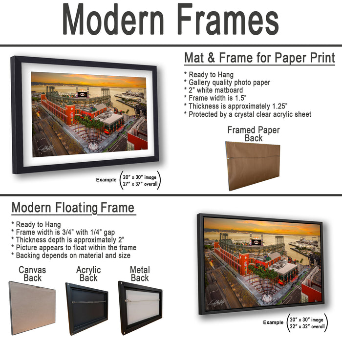 The image is a collage of two framed pictures, one of a cityscape and the other of a building. The collage is presented in two different frame types: a modern floating frame and a modern hanging frame.