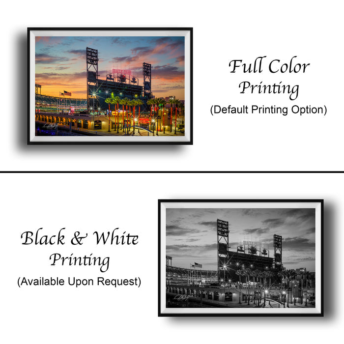 The image is a collage of two framed pictures. The top picture is a full-color print of a baseball stadium at sunset, while the bottom picture is a black and white print of the same baseball stadium. Both pictures are framed and available upon request.