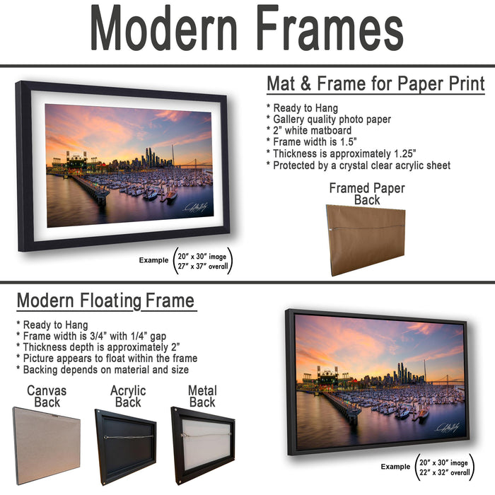 The image is a collage of three framed pictures, each depicting a cityscape at sunset. The first frame is a mat and frame for a paper print, the second frame is a modern floating frame, and the third frame is a mat and frame for a paper print.