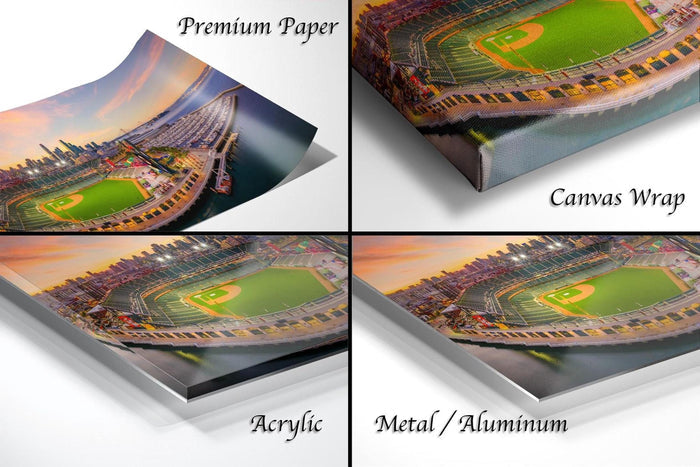The image is a collage of four different views of a baseball stadium, showcasing the field, surrounding cityscape, and sunset.