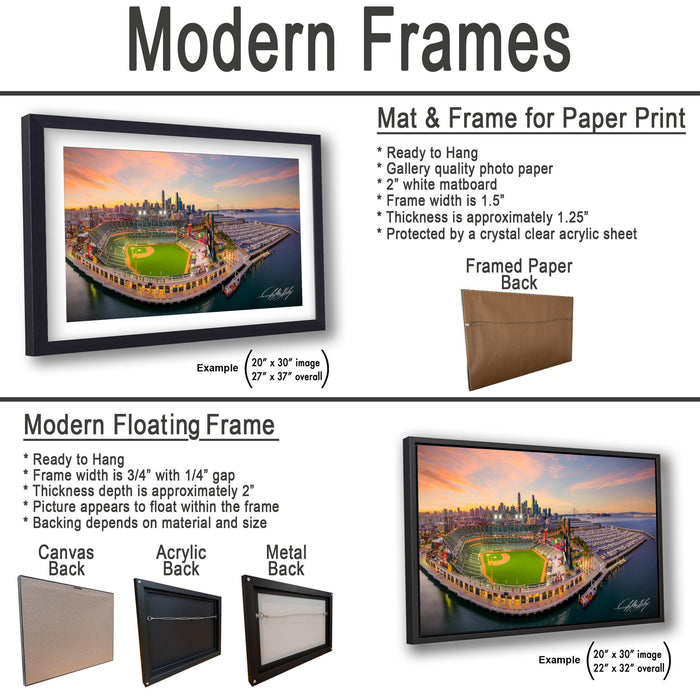 The image is a collage of three framed pictures, each depicting a different scene. The first frame shows a cityscape, the second frame features a baseball field, and the third frame depicts a beach. The frames are designed to hang on walls and are available in various materials and sizes.